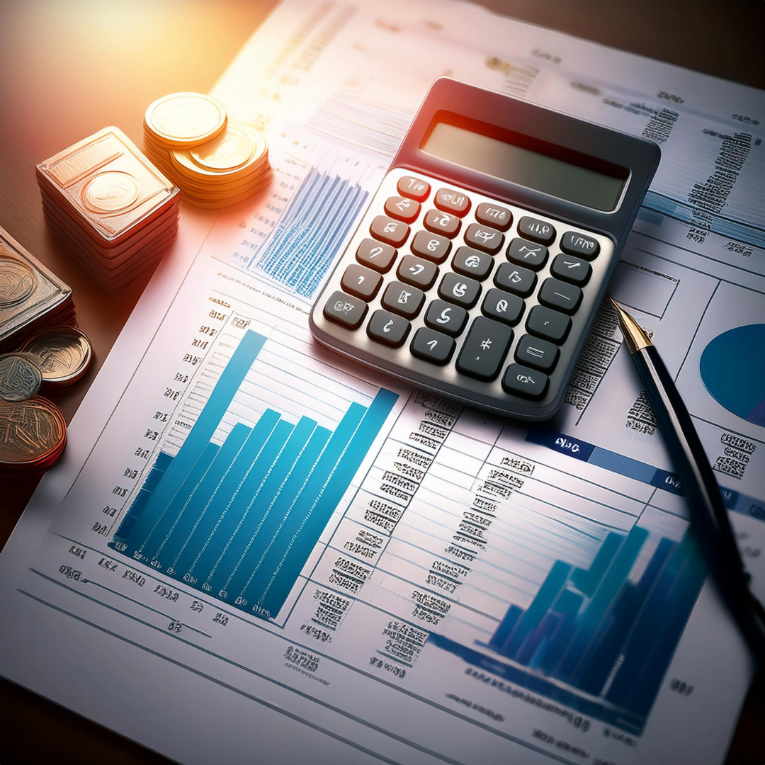 Calculator, coins, and financial charts for payroll planning.