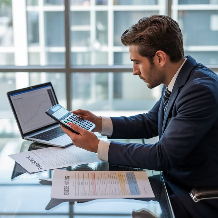 Business professional reviewing payroll and financial documents with a calculator.